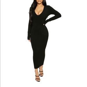 Snatched V-Neck Long Sleeve Midi Dress